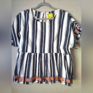 Anthropologie MAEVE NavBlue & White Stripes Embroidered Peplum Top Blouse Size L
